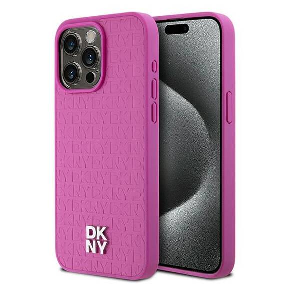 Original Case APPLE IPHONE 15 PRO MAX DKNY Hardcase Leather Monogram Pattern Metal Logo MagSafe (DKHMP15XPSHRPSP) pink