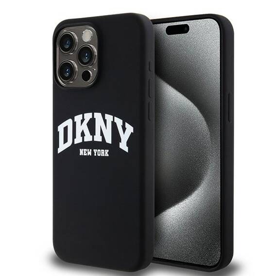 Original Case APPLE IPHONE 15 PRO MAX DKNY Hardcase Liquid Silicone White Printed Logo MagSafe (DKHMP15XSNYACH) black