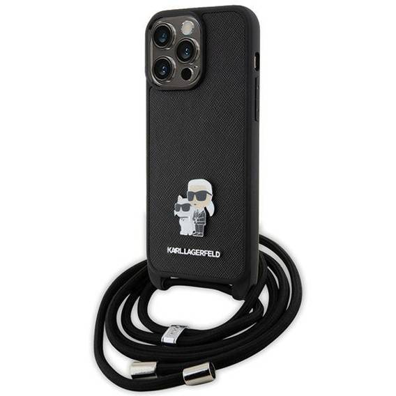 Original Case APPLE IPHONE 15 PRO MAX Karl Lagerfeld Hardcase Crossbody Saffiano Metal Pin Karl & Choupette (KLHCP15XSAKCPSK) black