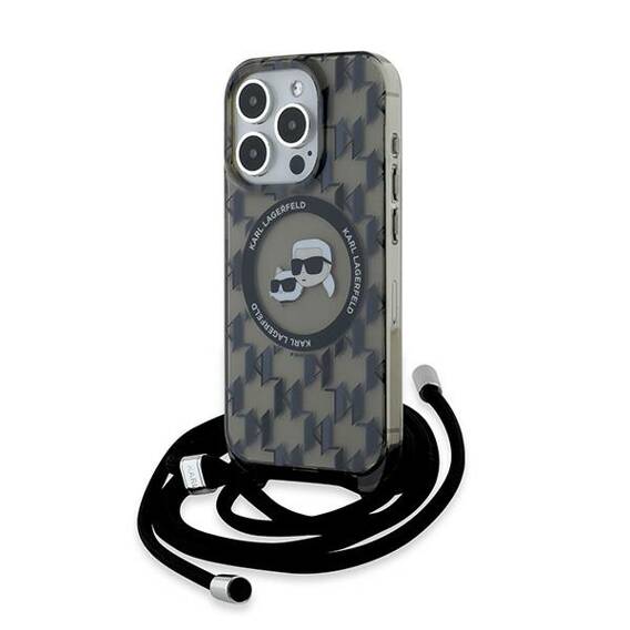 Original Case APPLE IPHONE 15 PRO MAX Karl Lagerfeld Hardcase IML Crossbody Monogram Karl & Choupette Head MagSafe (KLHMP15XHCKCKLCK) black