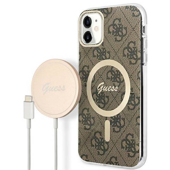 Original Case IPHONE 11 Guess Hardcase 4G Print MagSafe + Wireless Charger (GUBPP14LH4EACSP) brown