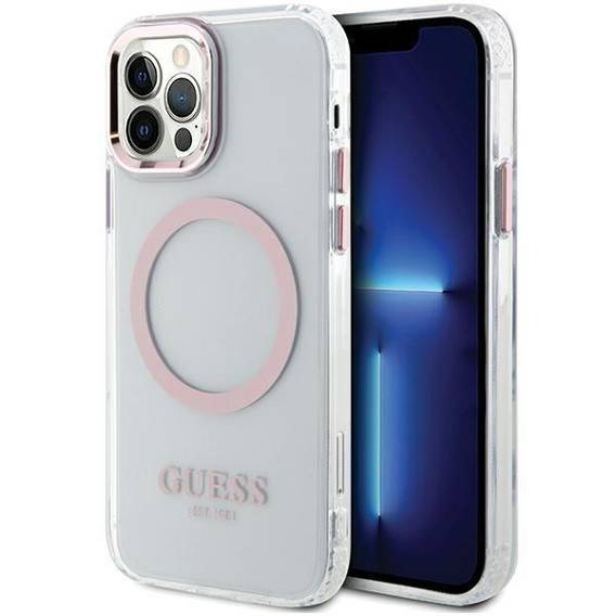 Original Case IPHONE 12 / 12 PRO Guess Hard Case Metal Outline Magsafe (GUHMP12MHTRMP) pink