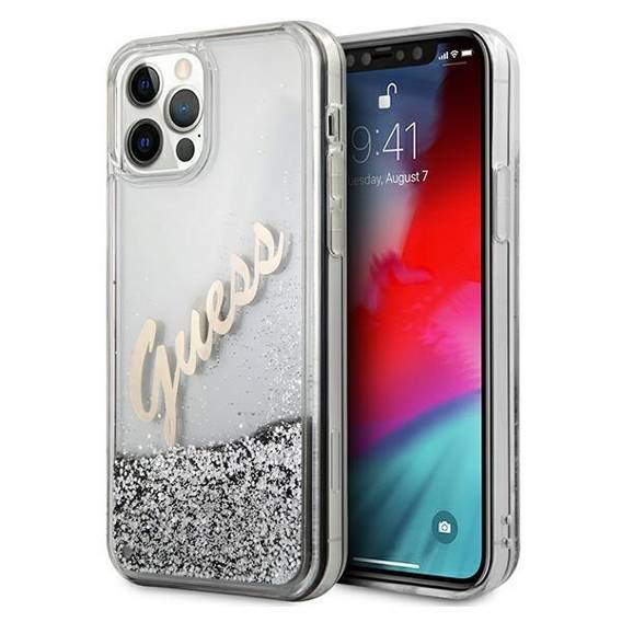 Original Case IPHONE 12 PRO MAX Guess Hardcase Glitter Vintage Script (GUHCP12LGLVSSI) silver