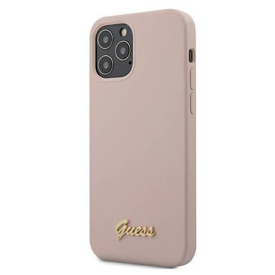 Original Case IPHONE 12 PRO MAX Guess Hardcase Silicone Script Gold Logo (GUHCP12LLSLMGLP) light pink