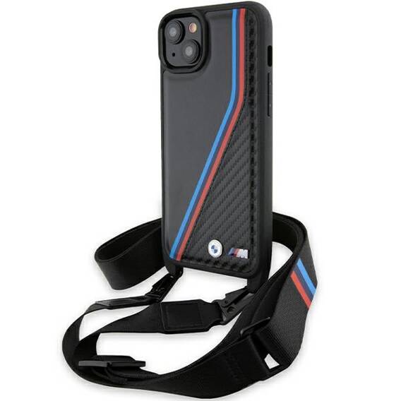 Original Case IPHONE 13 / 14 / 15 BMW Hardcase M Edition Carbon Tricolor Lines & Strap (BMHCP15S23PSVTK) black