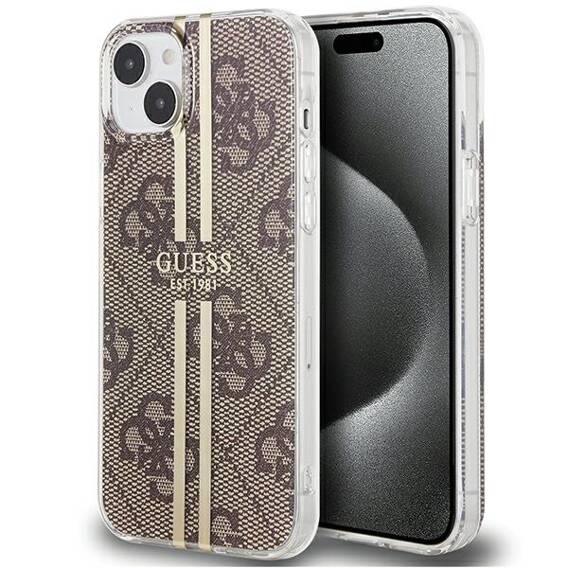 Original Case IPHONE 13 / 14 / 15 Guess Hardcase IML 4G Gold Stripe (GUHCP15SH4PSEGW) brown