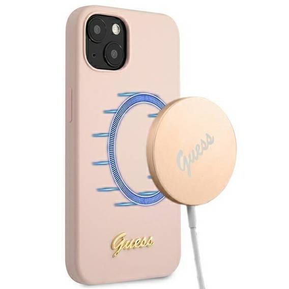 Original Case IPHONE 13 Guess Hardcase Silicone Script Gold Logo Magsafe (GUHMP13MLSLMGLP) light pink