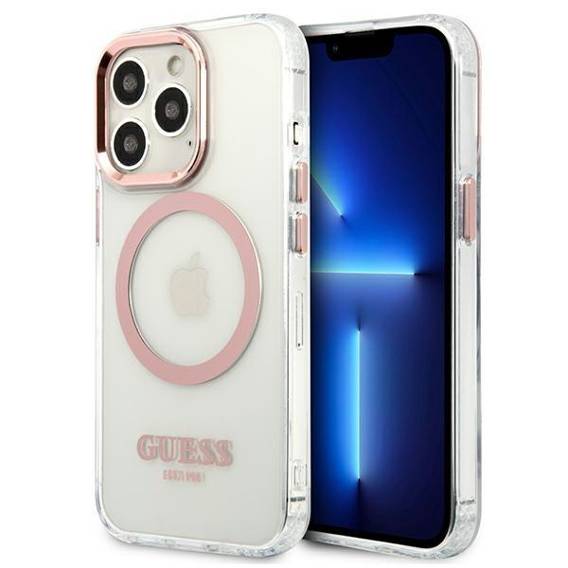 Original Case IPHONE 13 PRO Guess Hard Case Metal Outline Magsafe (GUHMP13LHTRMP) pink