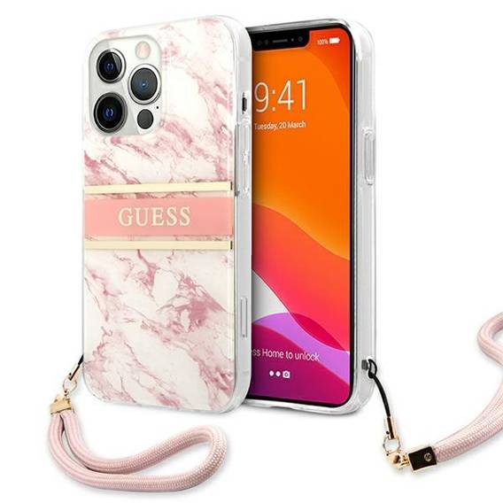 Original Case IPHONE 13 PRO MAX Guess Hardcase Marble Strap Collection (GUHCP13XKMABPI) pink