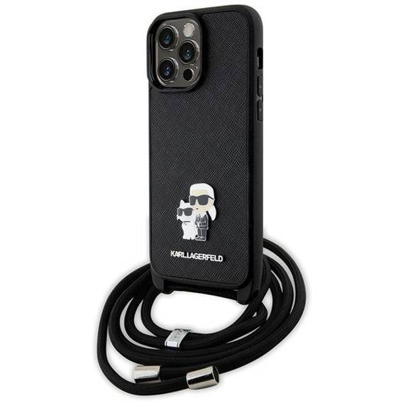 Original Case IPHONE 13 PRO MAX Karl Lagerfeld Hardcase Crossbody Saffiano Metal Pin Karl & Choupette (KLHCP13XSAKCPSK) black