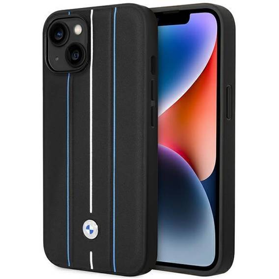 Original Case IPHONE 14 BMW Hardcase Leather Stamp Blue Lines black