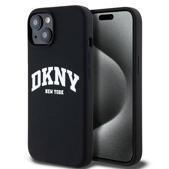 Original Case IPHONE 14 PLUS / 15 PLUS DKNY Hardcase Liquid Silicone White Printed Logo MagSafe (DKHMP15MSNYACH) black