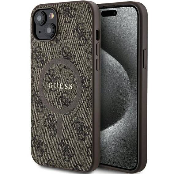 Original Case IPHONE 14 PLUS / 15 PLUS Guess Hardcase 4G Collection Leather Metal Logo MagSafe (GUHMP15MG4GFRW) brown
