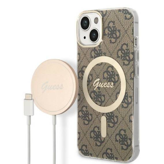 Original Case IPHONE 14 PLUS Guess Hardcase 4G Print MagSafe + Wireless Charger (GUBPP14MHMEACSK) brown