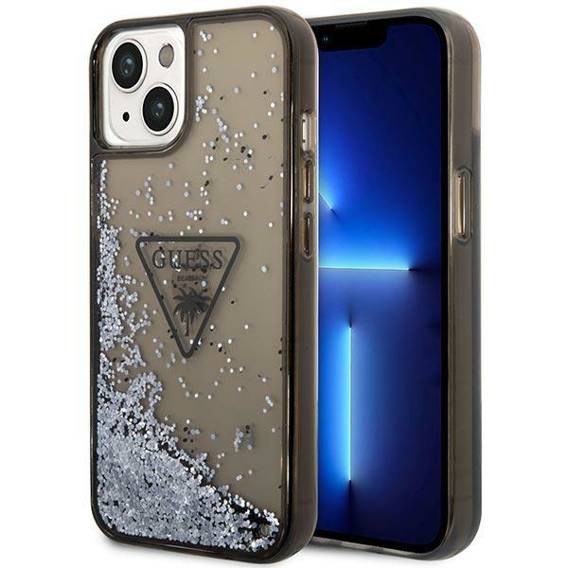 Original Case IPHONE 14 PLUS Guess Hardcase Liquid Glitter Palm Collection transparent black