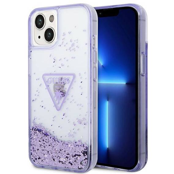 Original Case IPHONE 14 PLUS Guess Hardcase Liquid Glitter Palm Collection transparent purple