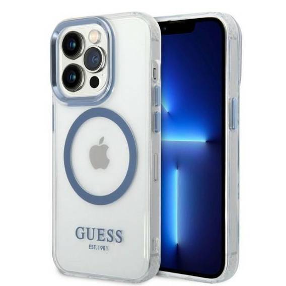 Original Case IPHONE 14 PRO Guess Hard Case Metal Outline Magsafe (GUHMP14LHTRMB) blue