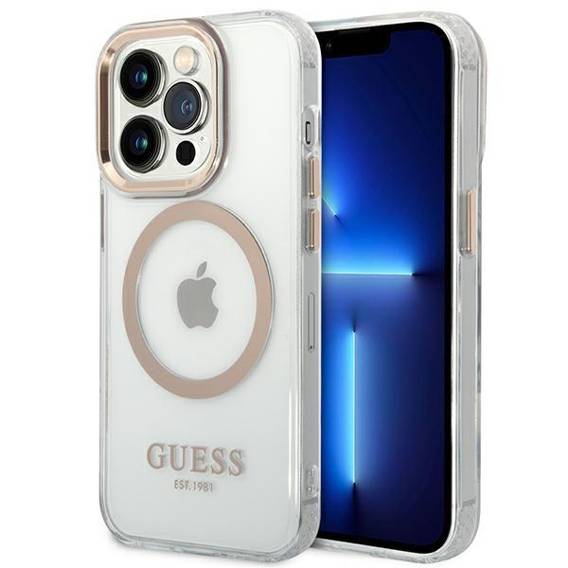 Original Case IPHONE 14 PRO Guess Hard Case Metal Outline Magsafe (GUHMP14LHTRMD) gold