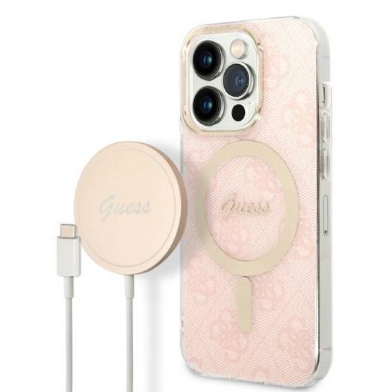 Original Case IPHONE 14 PRO Guess Hardcase 4G Print MagSafe + Wireless Charger (GUBPN61H4EACSW) pink