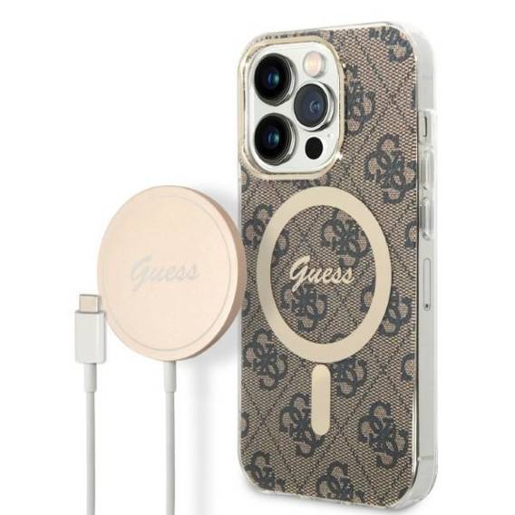 Original Case IPHONE 14 PRO Guess Hardcase 4G Print MagSafe + Wireless Charger (GUBPP14MH4EACSW) brown