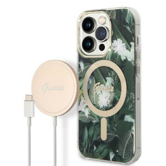 Original Case IPHONE 14 PRO Guess Hardcase Jungle Collection MagSafe + Wireless Charger (GUBPP14SH4EACSP) green