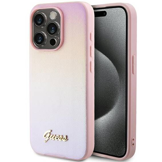 Original Case IPHONE 14 PRO Guess Hardcase Saffiano Iridescent Script (GUHCP14LPSAIRSP) pink