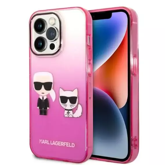 Original Case IPHONE 14 PRO Karl Lagerfeld Hardcase Gradient Ikonik Karl & Choupette (KLHCP14LTGKCP) pink