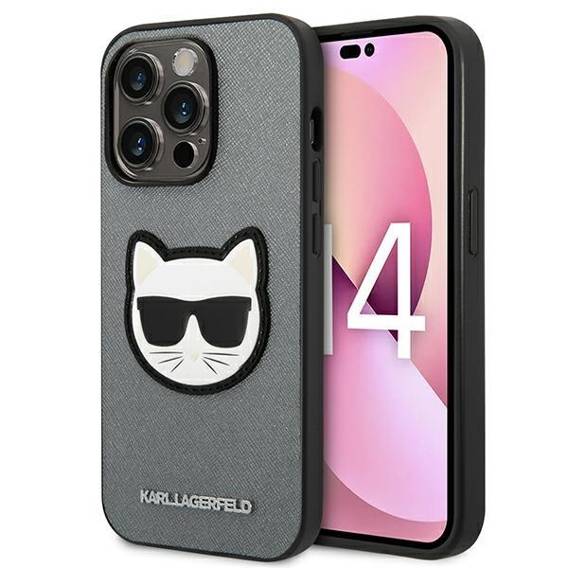 Original Case IPHONE 14 PRO Karl Lagerfeld Hardcase Saffiano Choupette Head Patch silver