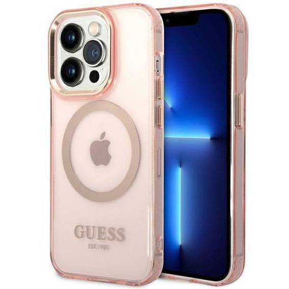 Original Case IPHONE 14 PRO MAX Guess Hard Case Gold Outline Translucent MagSafe (GUHMP14XHTCMP) pink