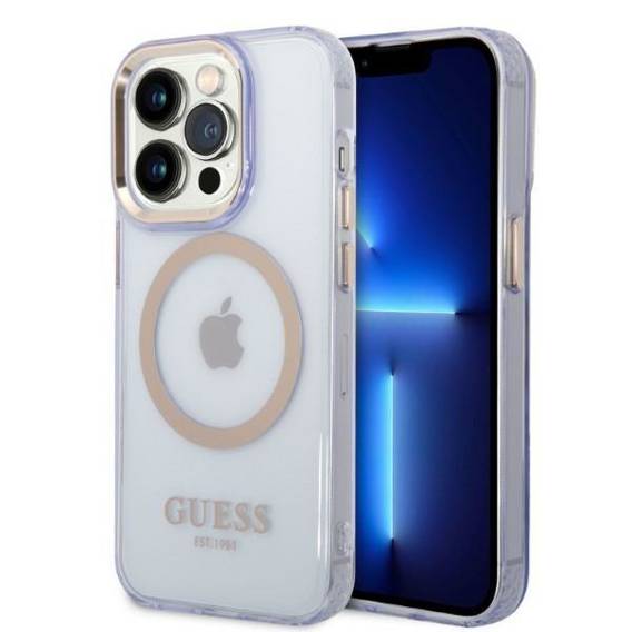 Original Case IPHONE 14 PRO MAX Guess Hard Case Gold Outline Translucent MagSafe (GUHMP14XHTCMU) purple