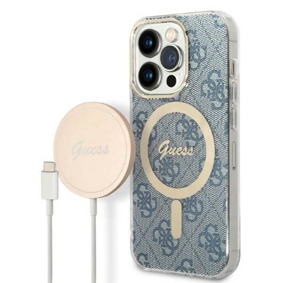 Original Case IPHONE 14 PRO MAX Guess Hardcase 4G Print MagSafe + Wireless Charger (GUBPP14LH4EACSB) blue