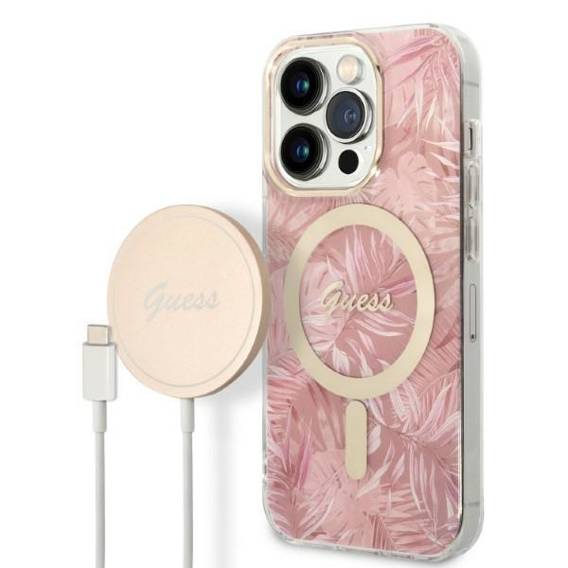 Original Case IPHONE 14 PRO MAX Guess Hardcase Jungle Collection MagSafe + Wireless Charger (GUBPP14XHMEACSH) pink