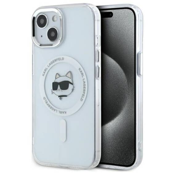 Original Case IPHONE 15 Karl Lagerfeld Hardcase IML Metal Choupette Head MagSafe (KLHMP15SHLSCHH) white