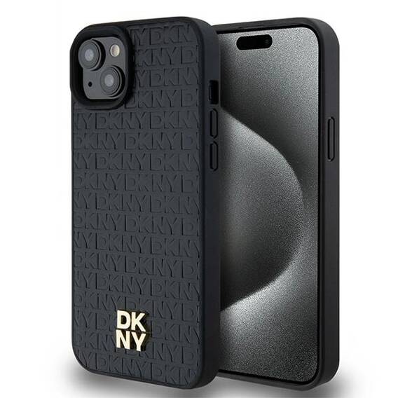 Original Case IPHONE 15 PLUS / 14 PLUS DKNY Hardcase Leather Monogram Pattern Metal Logo MagSafe (DKHMP15MPSHRPSK) black