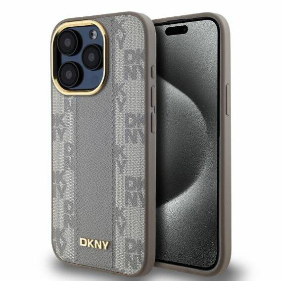 Original Case IPHONE 15 PRO DKNY Hardcase Leather Checkered Mono Pattern MagSafe (DKHMP15LPCPVSLE) beige