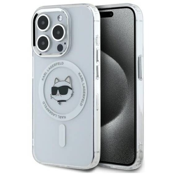 Original Case IPHONE 15 PRO Karl Lagerfeld Hardcase IML Metal Choupette Head MagSafe (KLHMP15LHLSCHH) white