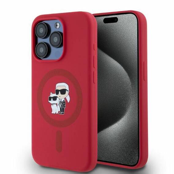 Original Case IPHONE 15 PRO Karl Lagerfeld Hardcase Silicone KC Heads Ring MagSafe (KLHMP15LSCMKCRHR) red