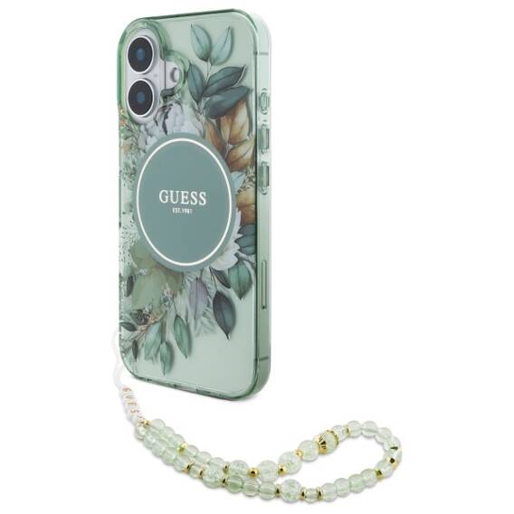 Original Case IPHONE 16 Guess Hardcase IML Flowers With Pearl Strap MagSafe (GUHMP16SHFWBRCESN) green