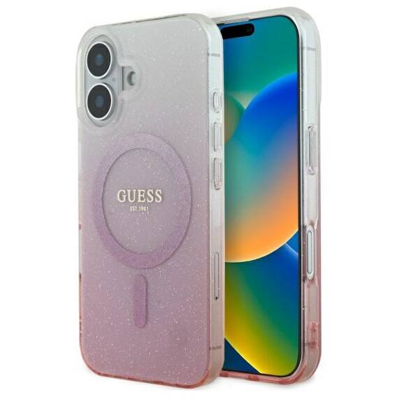 Original Case IPHONE 16 Guess Hardcase IML Glitter Gradient MagSafe (GUHMP16SHGRCELP) pink