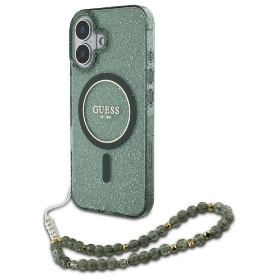 Original Case IPHONE 16 Guess Hardcase IML Glitter With Pearl Strap MagSafe (GUHMP16SHGCRELSA) green