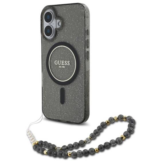 Original Case IPHONE 16 Guess Hardcase IML Glitter With Pearl Strap MagSafe (GUHMP16SHGCRELSK) black