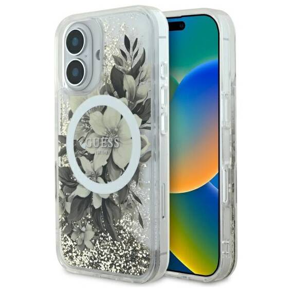 Original Case IPHONE 16 Guess Hardcase Liquid Glitter Flower MagSafe (GUHMP16SLFMWTE) beige