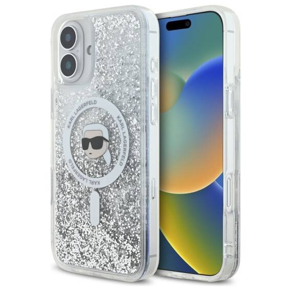 Original Case IPHONE 16 Karl Lagerfeld Hardcase Liquid Glitter Karl Head MagSafe (KLHMP16SLGKISGH) transparent