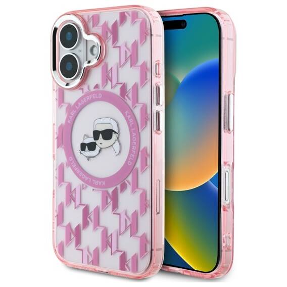 Original Case IPHONE 16 Karl Lagerfeld IML Monogram Karl&Choupette Head MagSafe (KLHMP16SHMCKMHP) pink