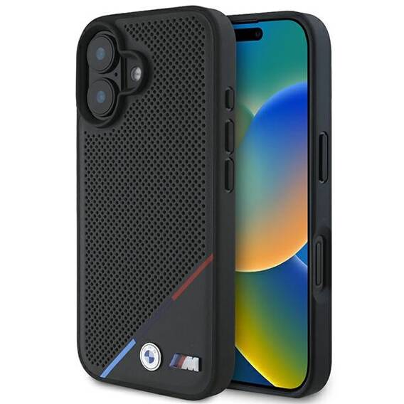 Original Case IPHONE 16 PLUS BMW Hardcase M Perforated Tricolor Line MagSafe (BMHMP16M23PUPDK) black