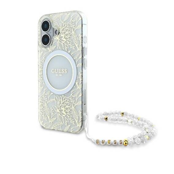 Original Case IPHONE 16 PLUS Guess Hardcase IML Flowers Allover Electro With Pearl Strap MagSafe (GUHMP16MHCPOFPH) white