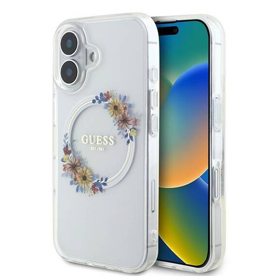 Original Case IPHONE 16 PLUS Guess Hardcase IML Flowers Wreath MagSafe (GUHMP16MHFWFCT) transparent