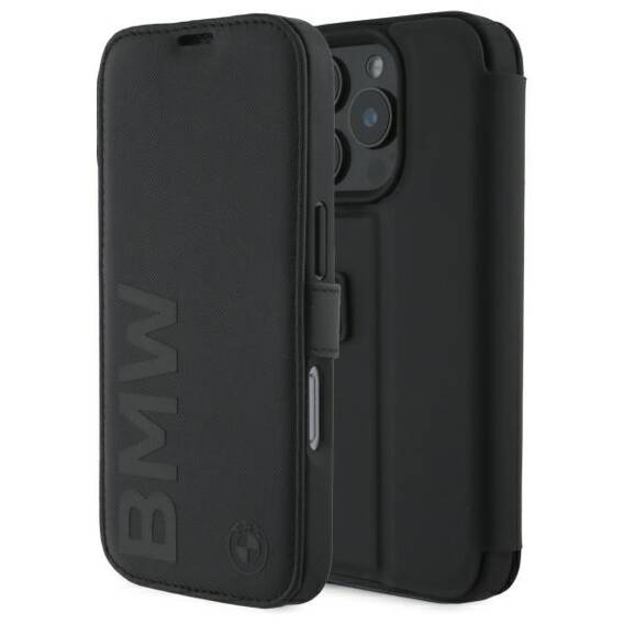 Original Case IPHONE 16 PRO BMW Bookcase Signature Leather Wordmark (BMBKP16L23RMRLK) black