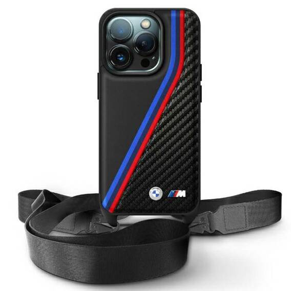 Original Case IPHONE 16 PRO BMW Hardcase M Edition Carbon Tricolor Lines & Strap (BMHCP16L23PSVTK) black