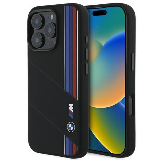 Original Case IPHONE 16 PRO BMW Hardcase Silicone Cut Tricolor Lines MagSafe (BMHMP16L23SCUK) black